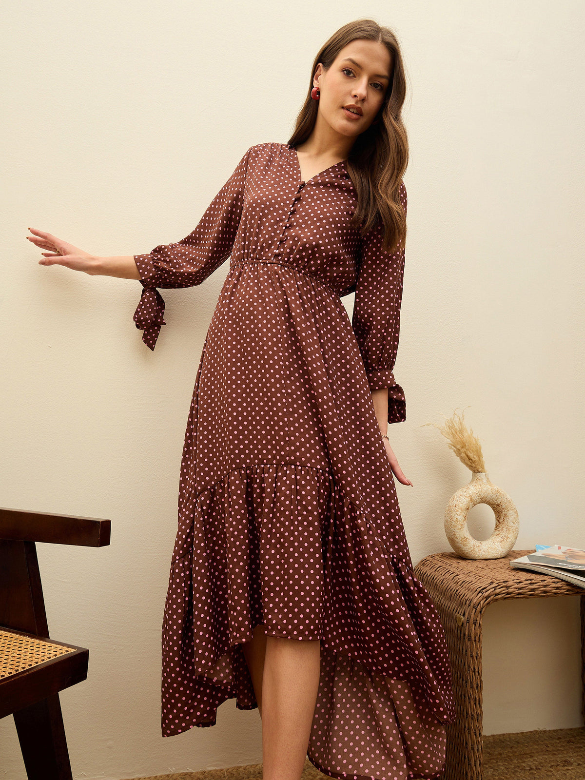 Brown Polka Dot Asymmetric Hem Maxi Dress-SASSAFRAS