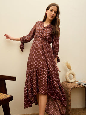 Brown Polka Dot Asymmetric Hem Maxi Dress-SASSAFRAS