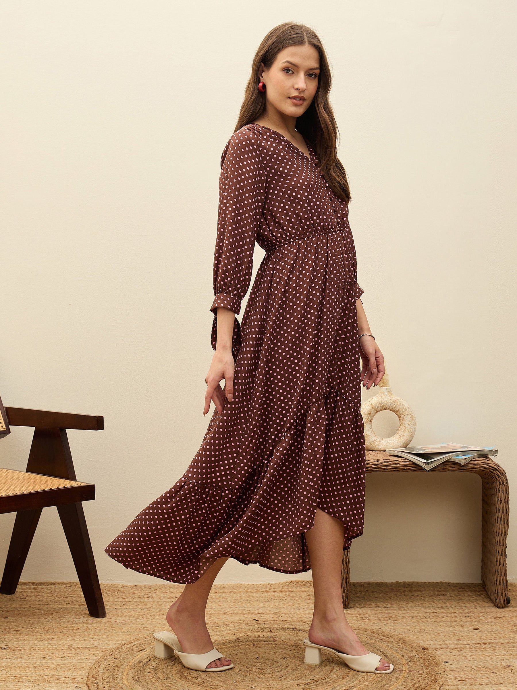 Brown Polka Dot Asymmetric Hem Maxi Dress-SASSAFRAS