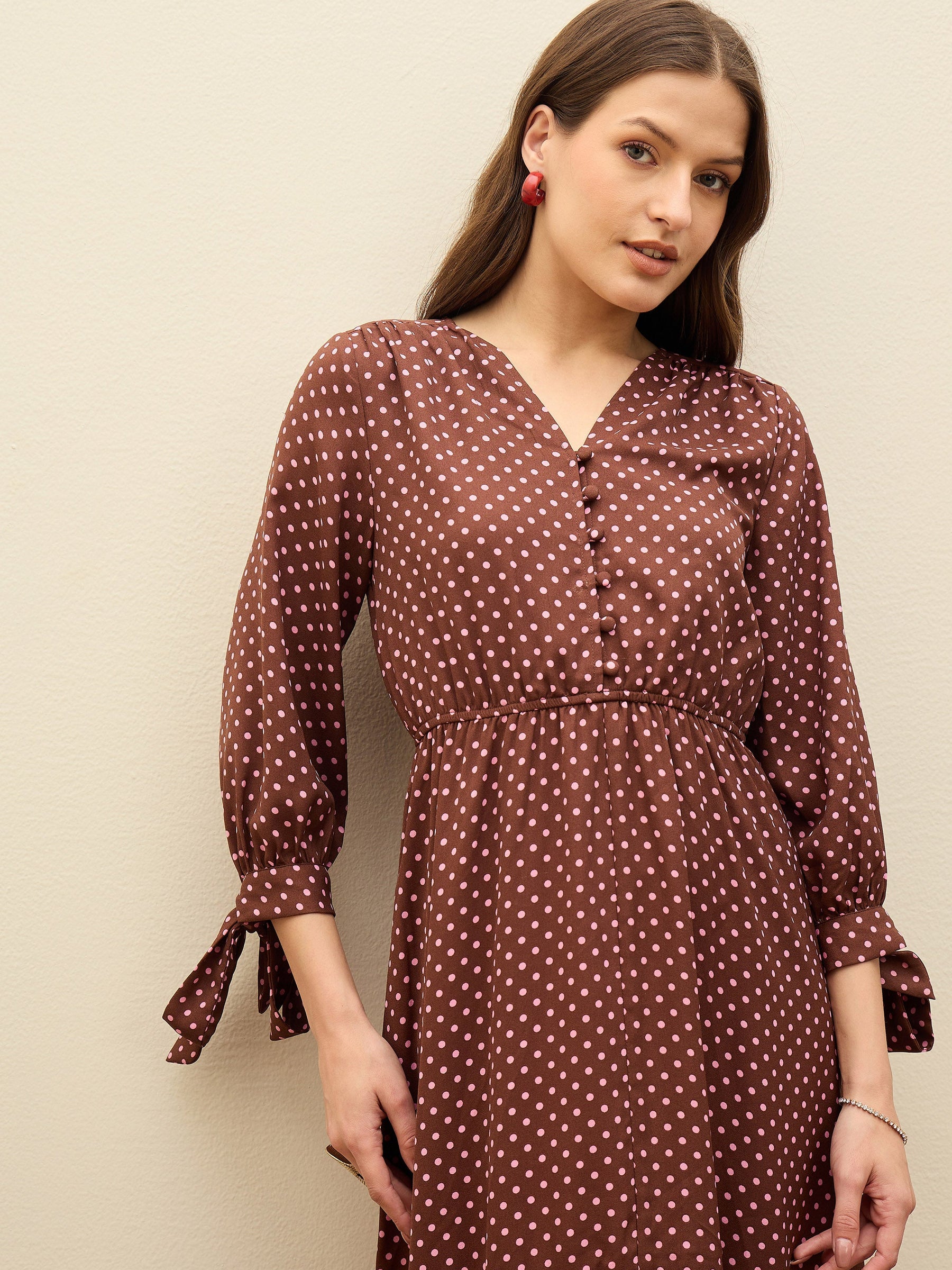 Brown Polka Dot Asymmetric Hem Maxi Dress-SASSAFRAS