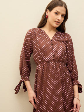 Brown Polka Dot Asymmetric Hem Maxi Dress-SASSAFRAS