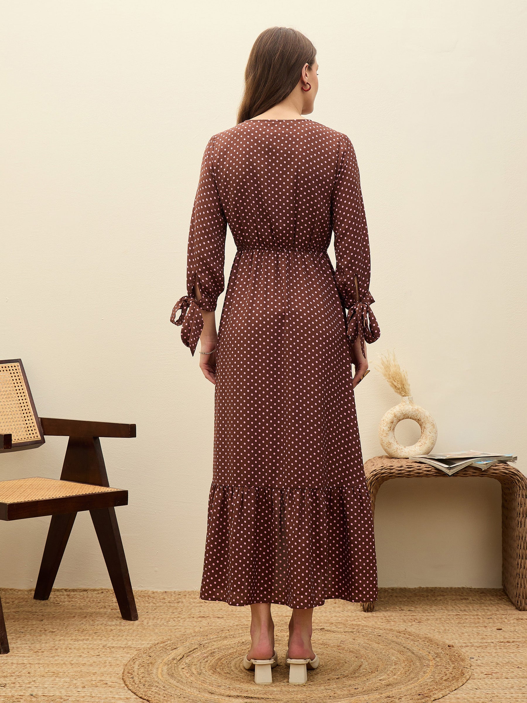 Brown Polka Dot Asymmetric Hem Maxi Dress-SASSAFRAS