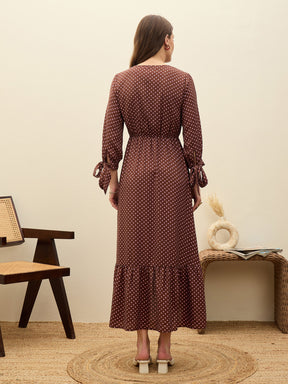 Brown Polka Dot Asymmetric Hem Maxi Dress-SASSAFRAS