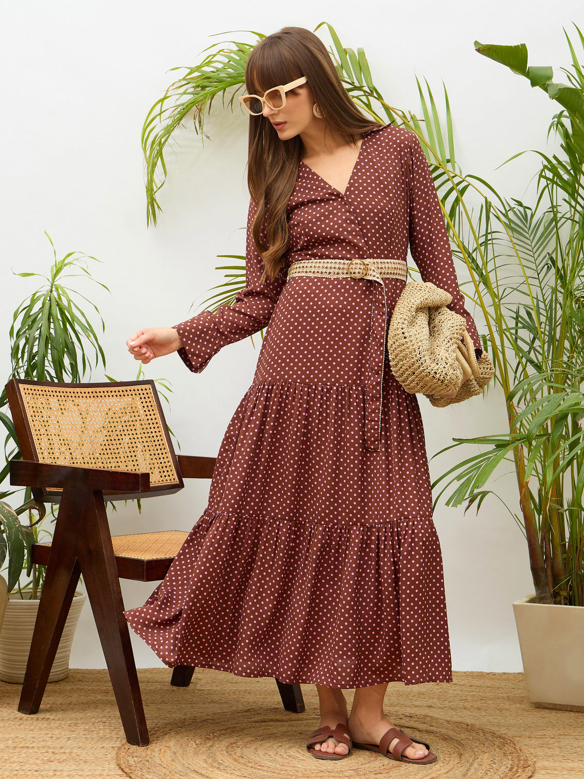 Brown Polka Dot Belted Tiered Maxi Dress-SASSAFRAS