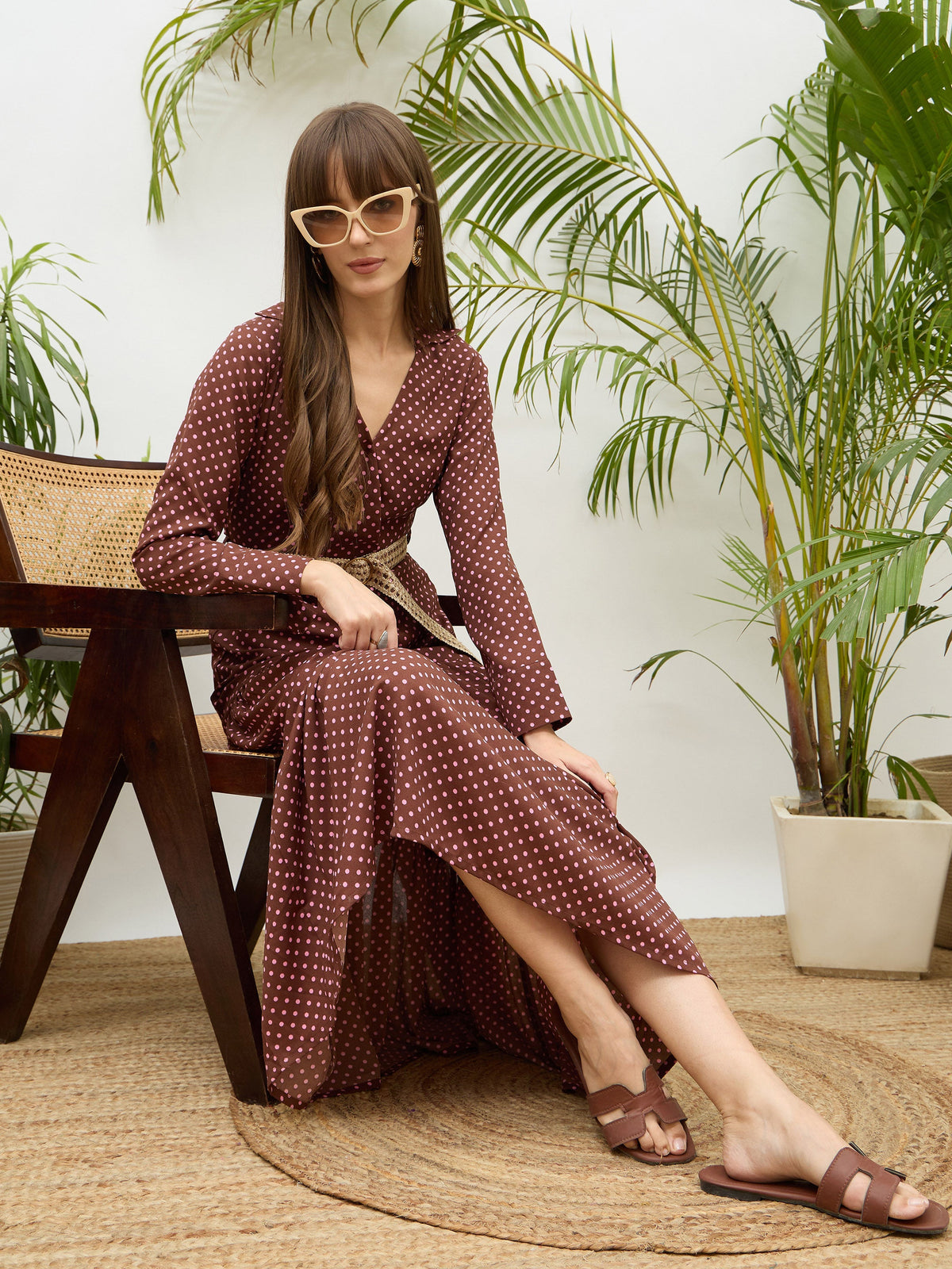 Brown Polka Dot Belted Tiered Maxi Dress-SASSAFRAS