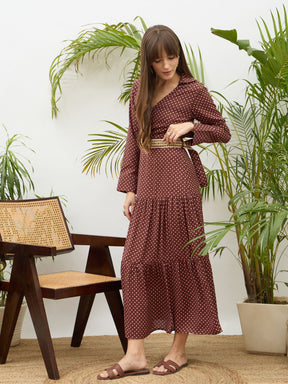 Brown Polka Dot Belted Tiered Maxi Dress-SASSAFRAS