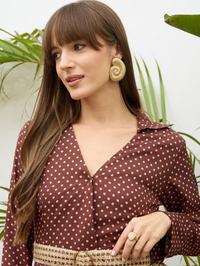 Brown Polka Dot Belted Tiered Maxi Dress-SASSAFRAS