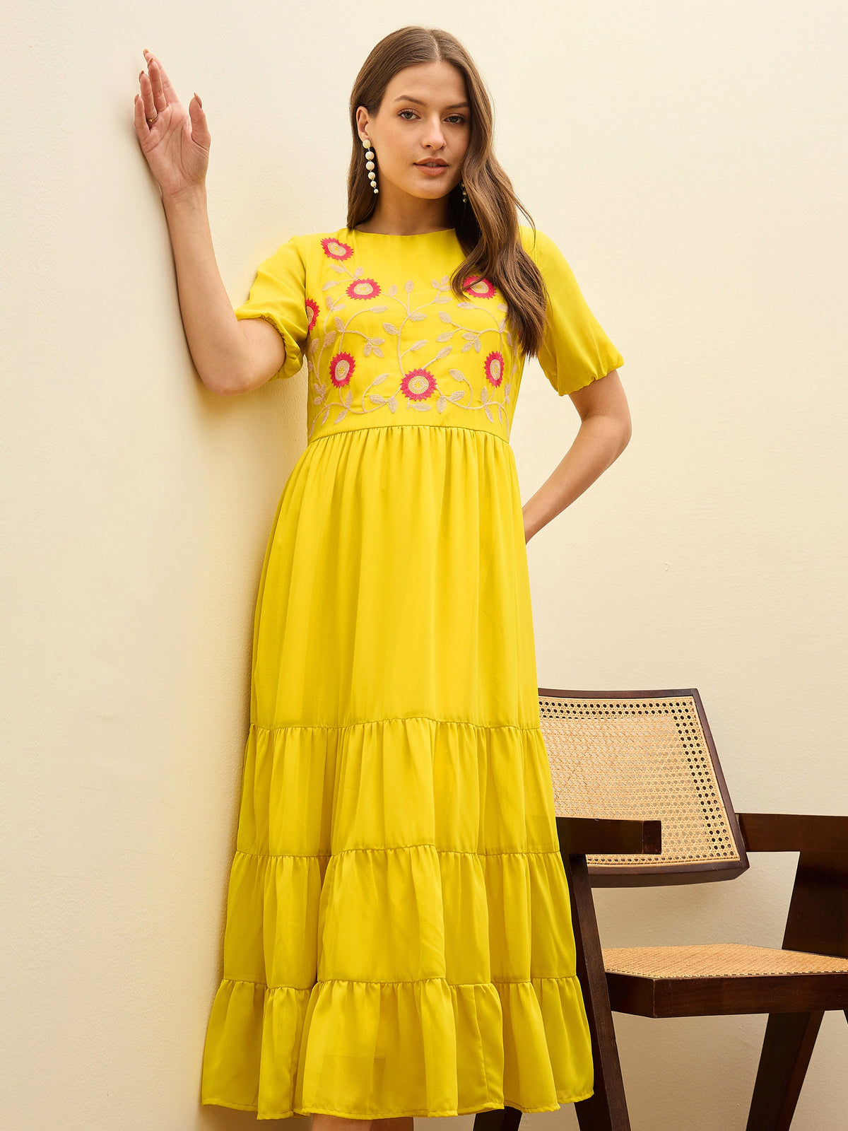 Yellow Solid Tiered Maxi Dress-SASSAFRAS