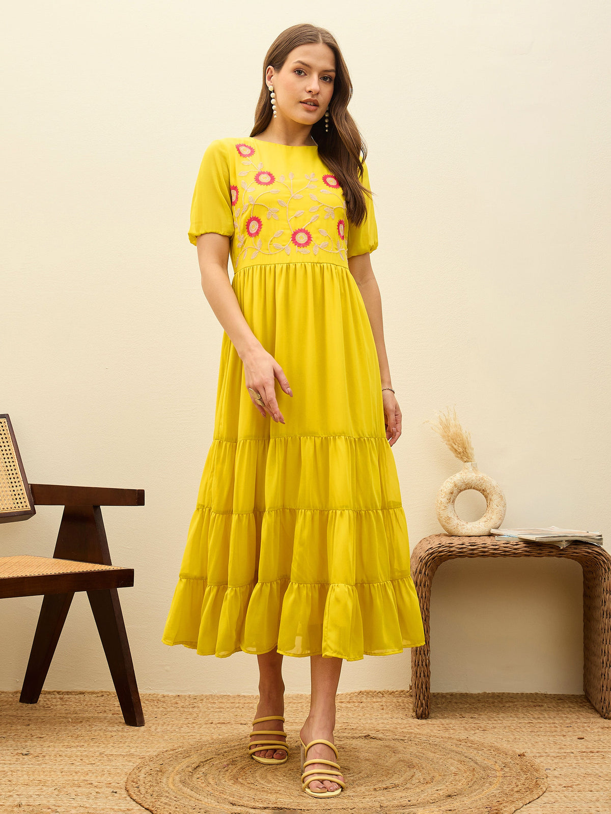 Yellow Solid Tiered Maxi Dress-SASSAFRAS