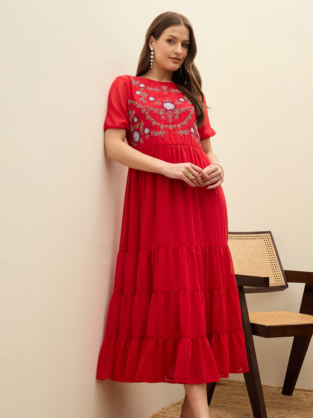 Red Solid Tiered Maxi Dress-SASSAFRAS