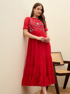 Red Solid Tiered Maxi Dress-SASSAFRAS