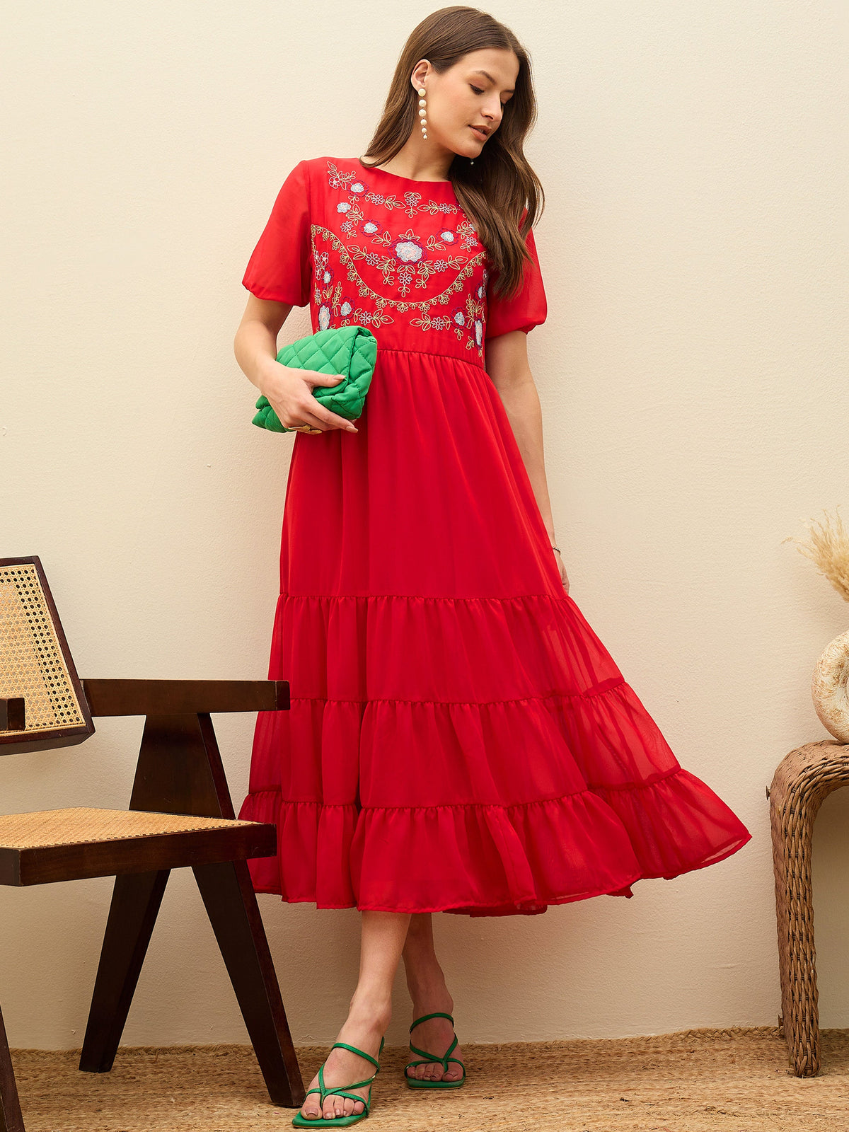 Red Solid Tiered Maxi Dress-SASSAFRAS