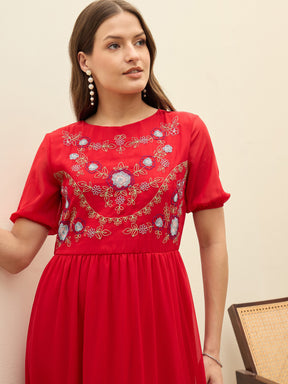Red Solid Tiered Maxi Dress-SASSAFRAS
