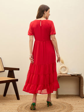 Red Solid Tiered Maxi Dress-SASSAFRAS