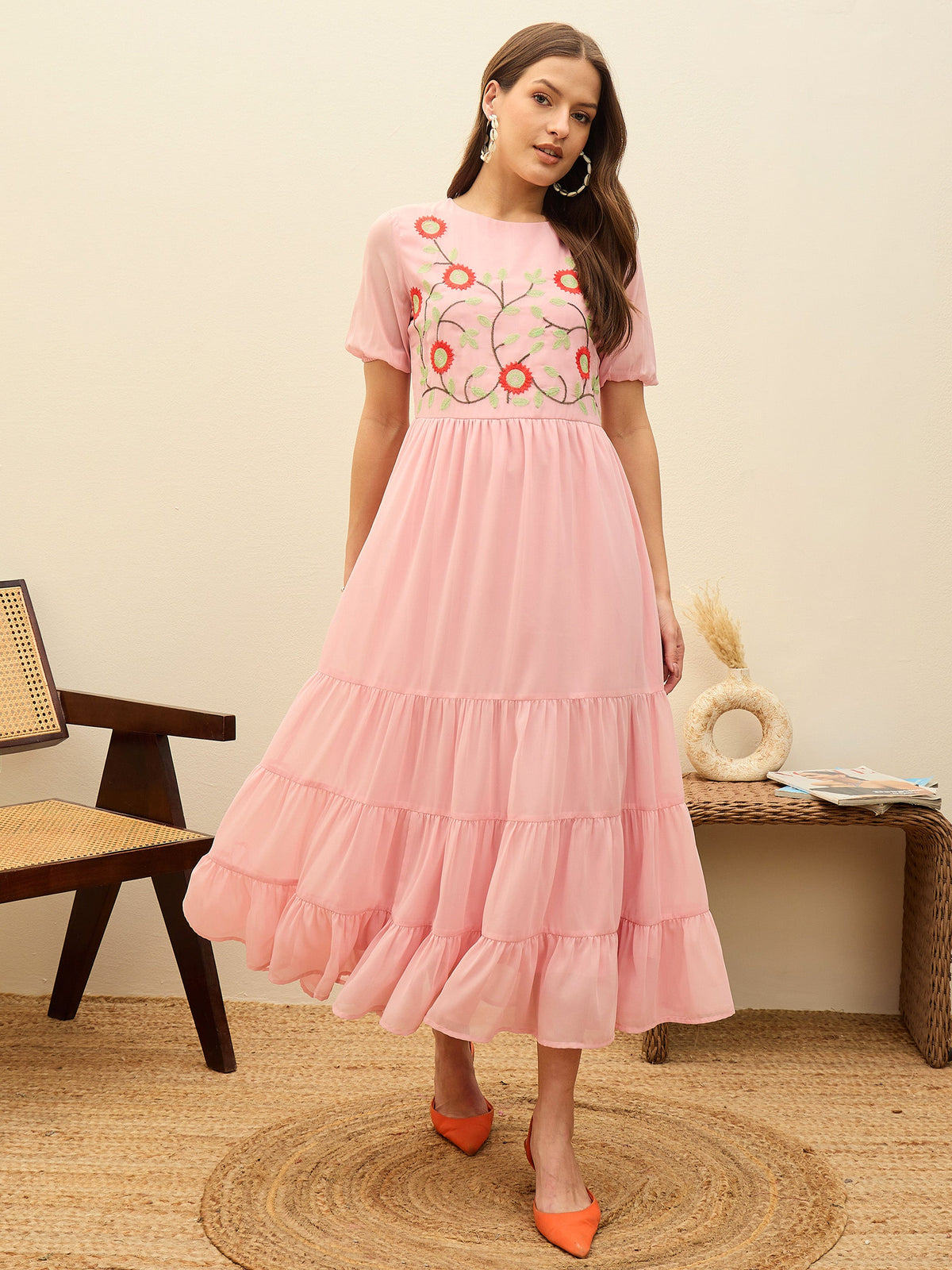 Pink Solid Tiered Maxi Dress-SASSAFRAS