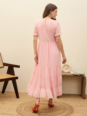 Pink Solid Tiered Maxi Dress-SASSAFRAS