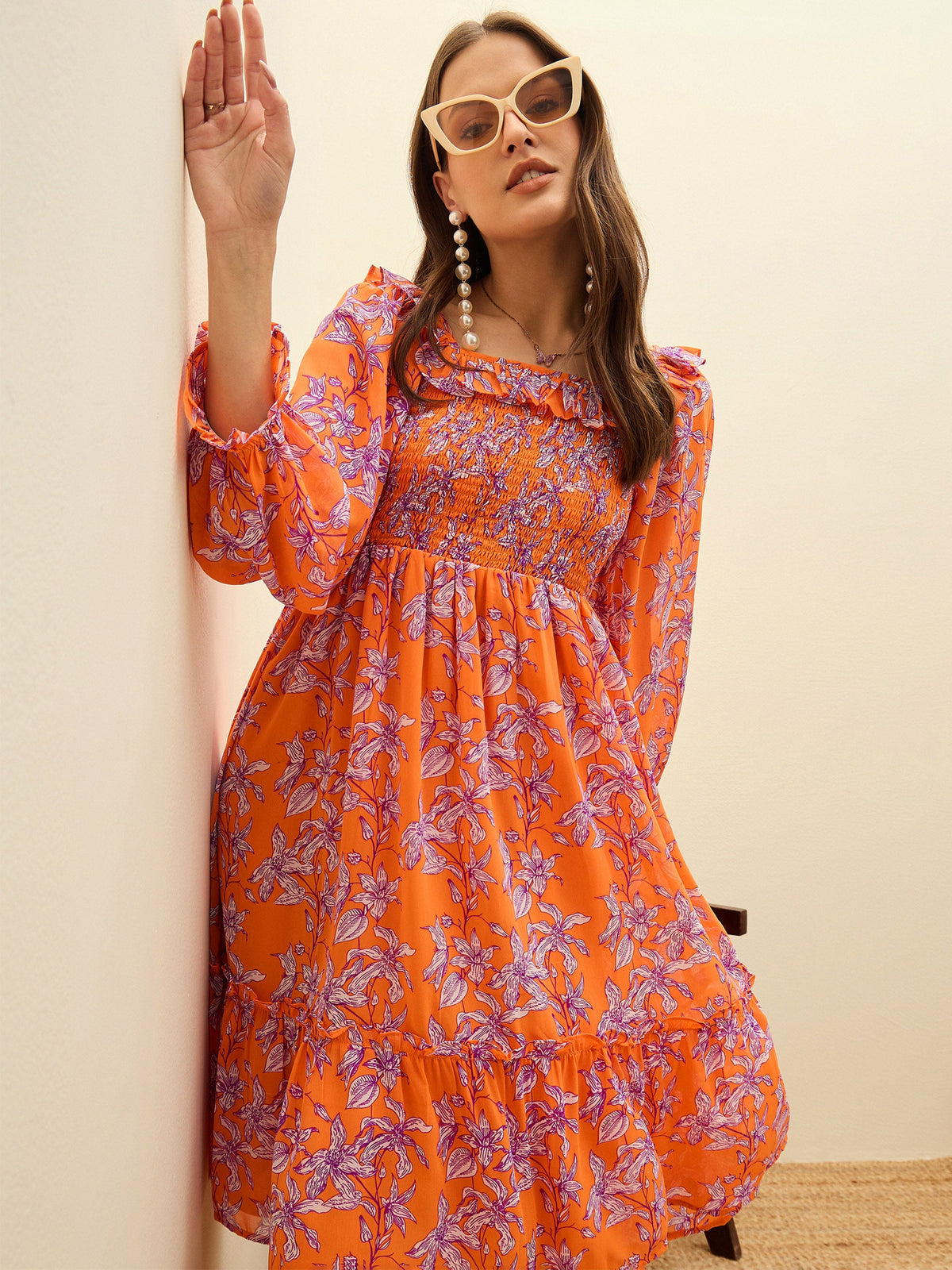 Orange Floral Square Neck Midi Dress-SASSAFRAS