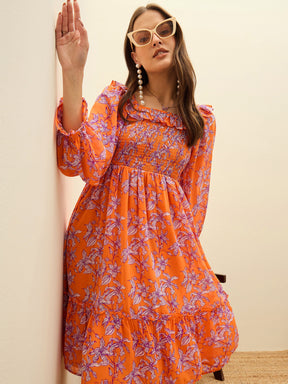 Orange Floral Square Neck Midi Dress-SASSAFRAS