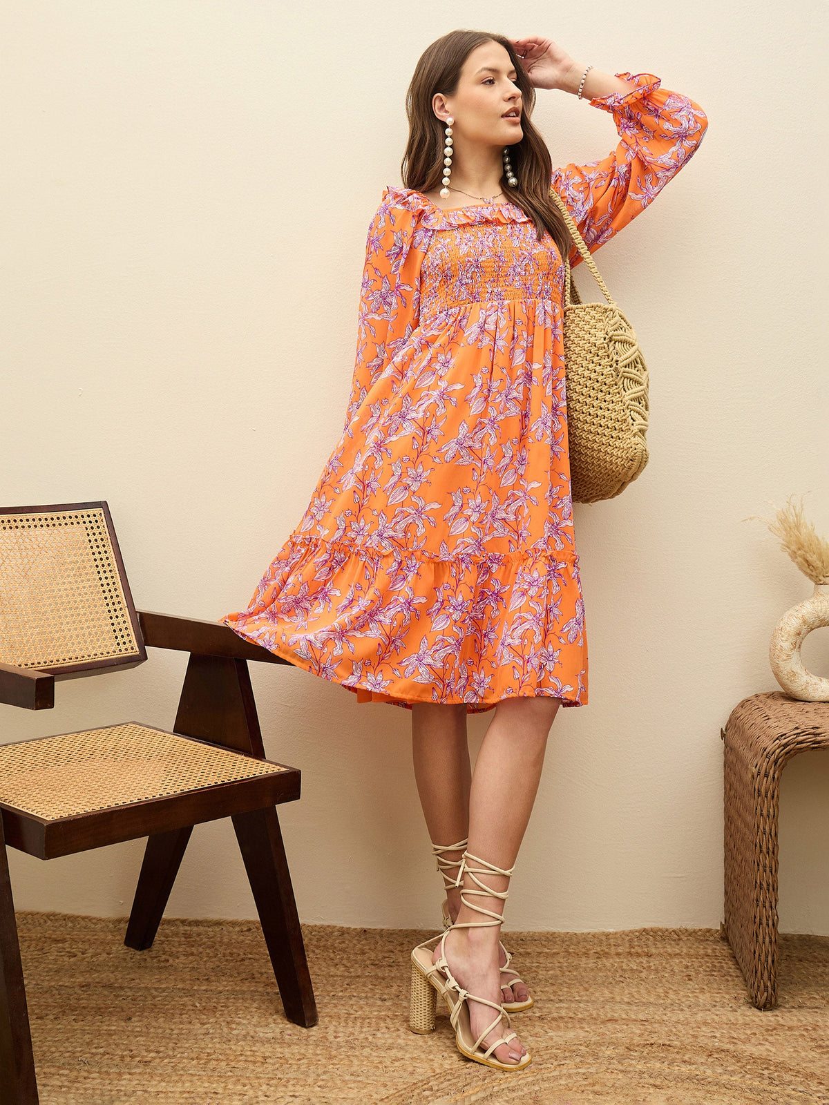 Orange Floral Square Neck Midi Dress-SASSAFRAS