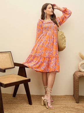 Orange Floral Square Neck Midi Dress-SASSAFRAS