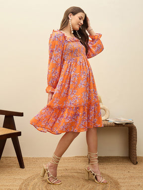 Orange Floral Square Neck Midi Dress-SASSAFRAS
