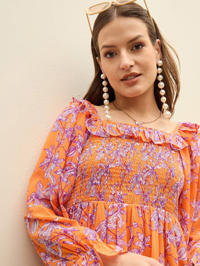 Orange Floral Square Neck Midi Dress-SASSAFRAS