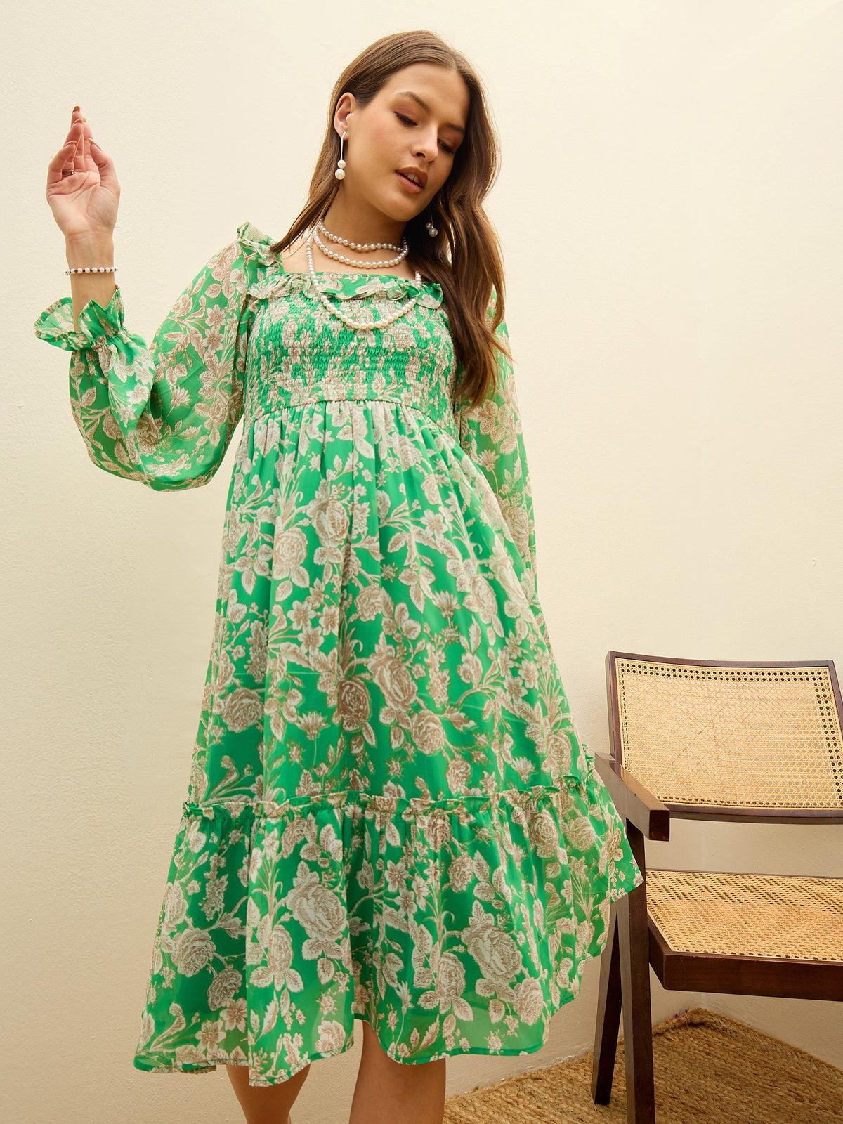 Green Floral Square Neck Midi Dress-SASSAFRAS