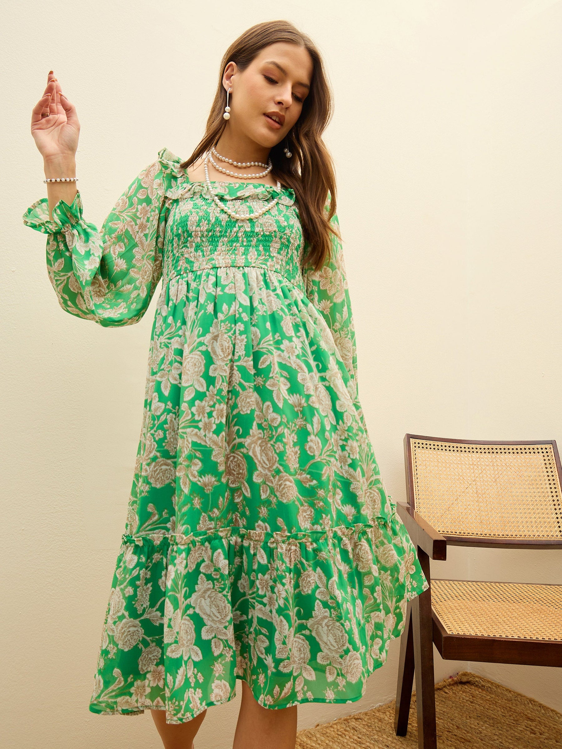 Green Floral Square Neck Midi Dress-SASSAFRAS