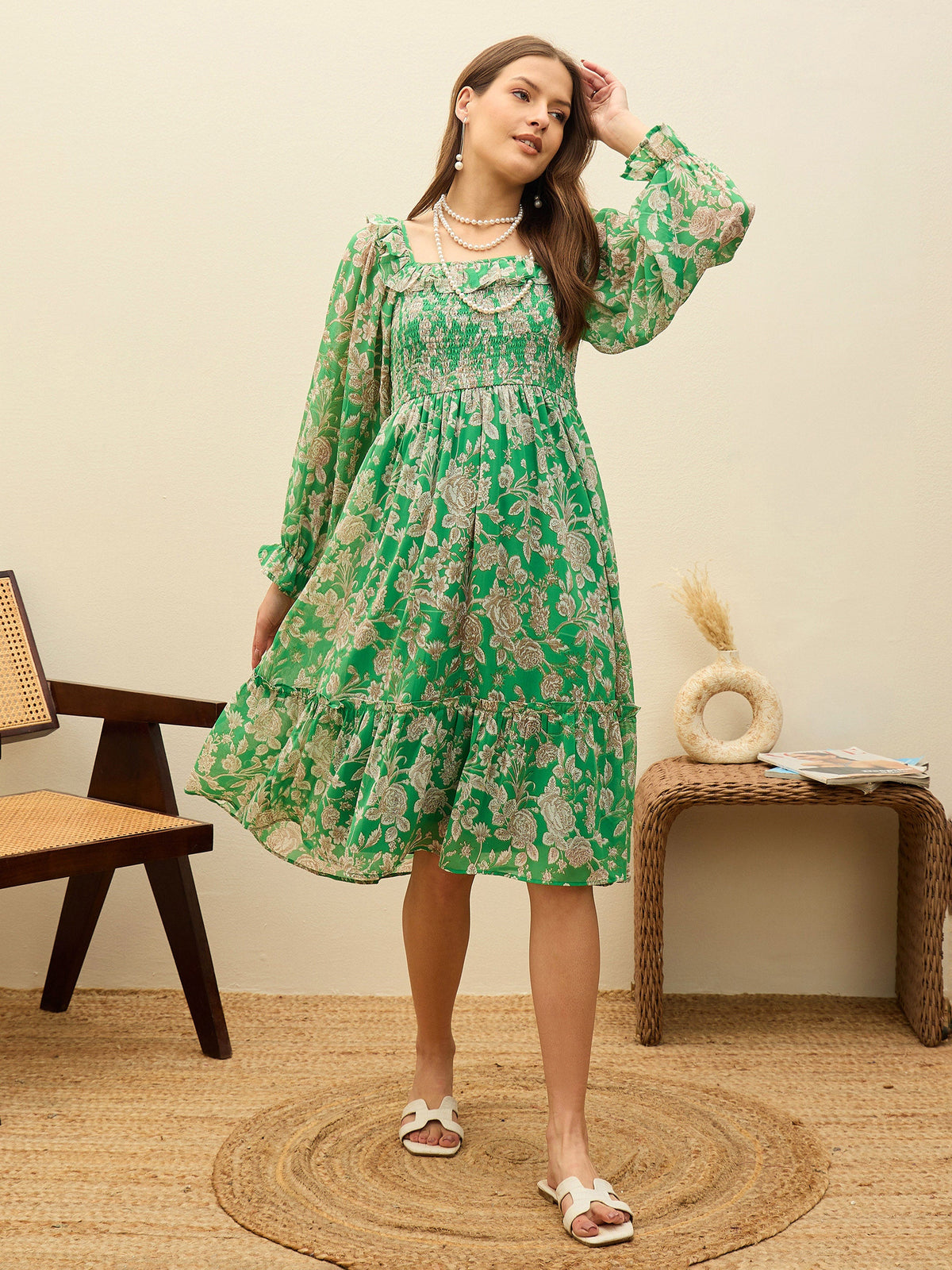 Green Floral Square Neck Midi Dress-SASSAFRAS