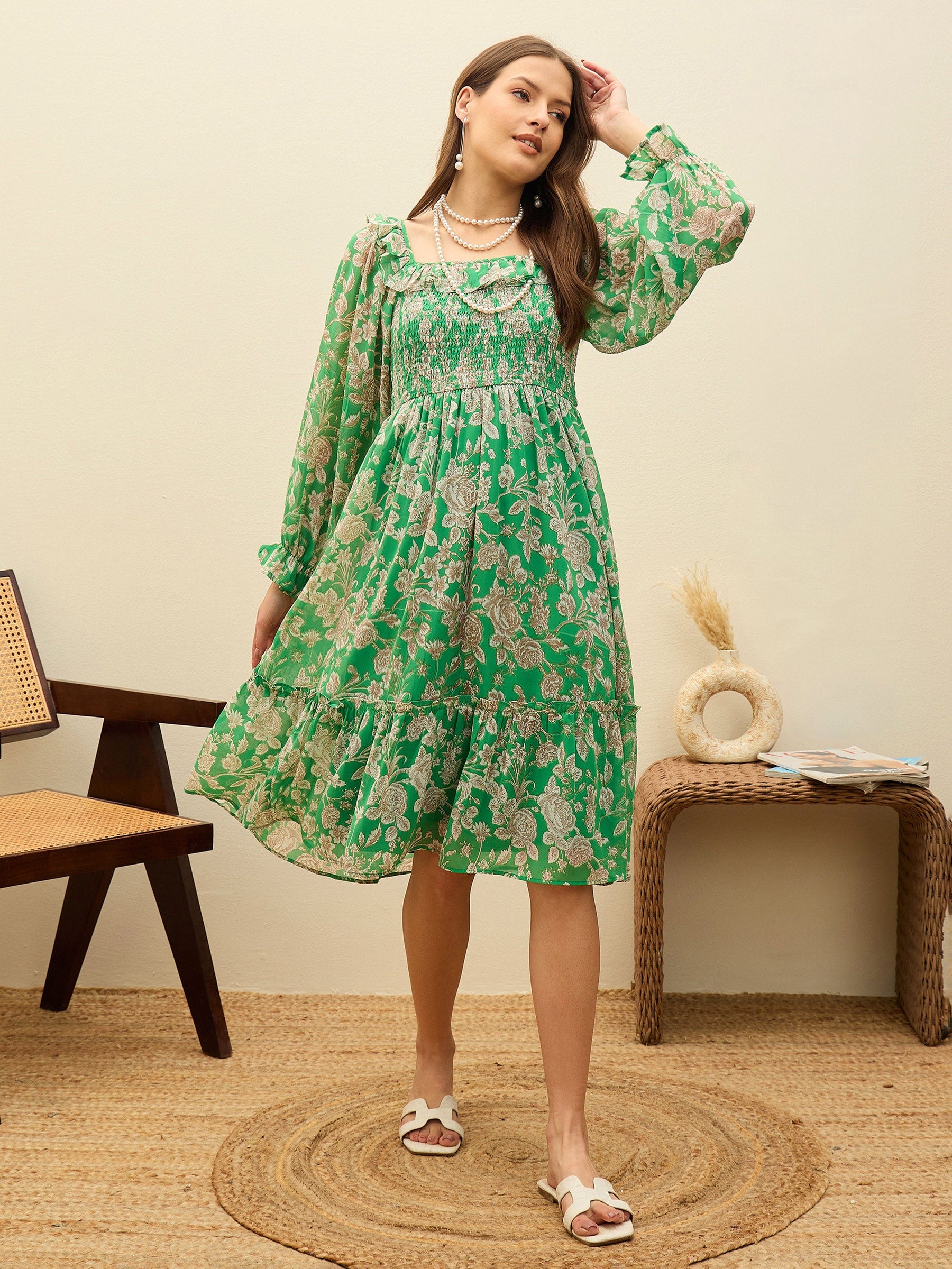 Green Floral Square Neck Midi Dress-SASSAFRAS