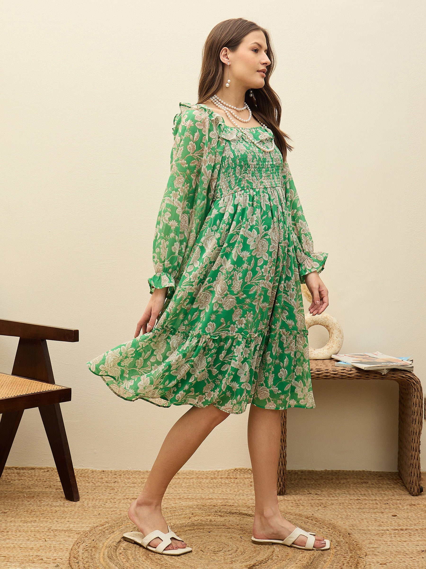 Green Floral Square Neck Midi Dress-SASSAFRAS
