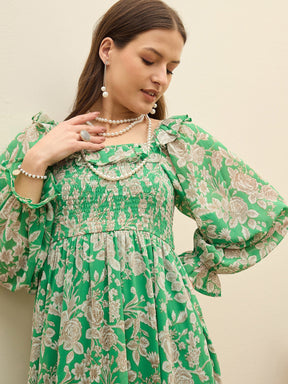 Green Floral Square Neck Midi Dress-SASSAFRAS