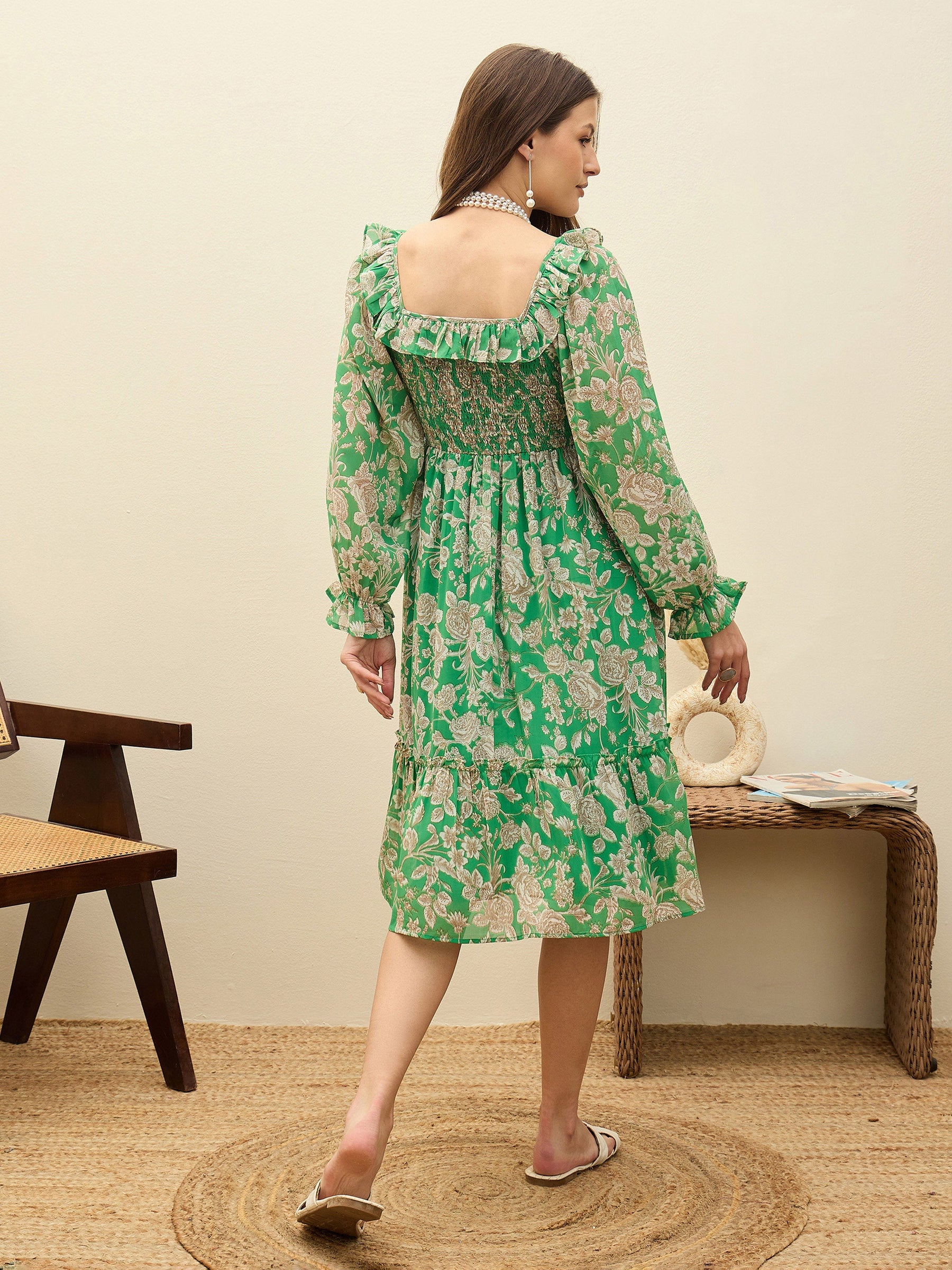 Green Floral Square Neck Midi Dress-SASSAFRAS