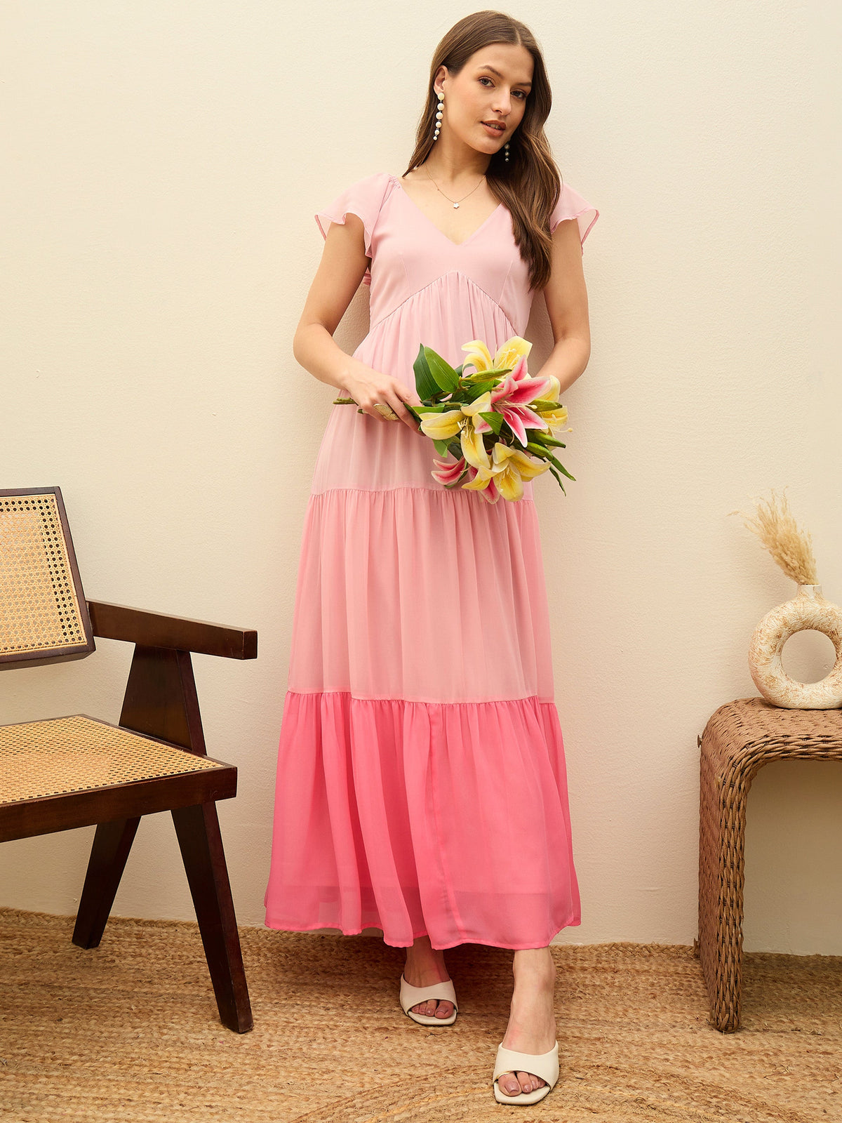 Pink Color Blocked Frill Sleeves Tiered Maxi Dress-SASSAFRAS