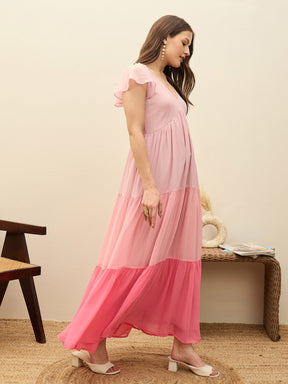 Pink Color Blocked Frill Sleeves Tiered Maxi Dress-SASSAFRAS
