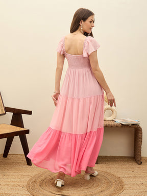 Pink Color Blocked Frill Sleeves Tiered Maxi Dress-SASSAFRAS
