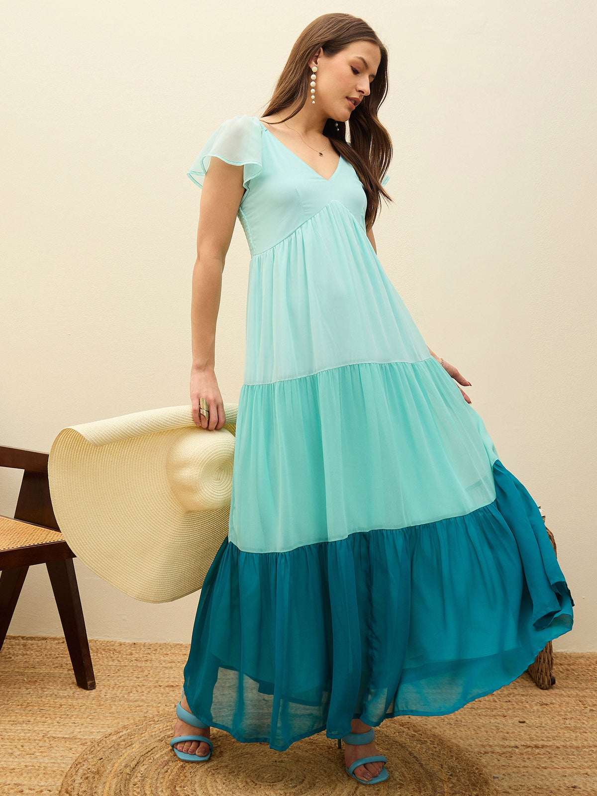 Blue Color Blocked Frill Sleeves Tiered Maxi Dress-SASSAFRAS
