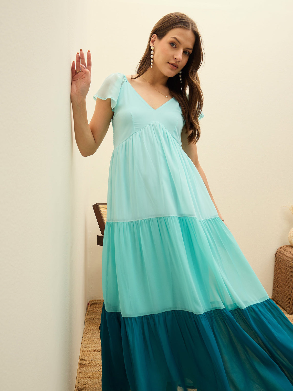 Blue Color Blocked Frill Sleeves Tiered Maxi Dress-SASSAFRAS