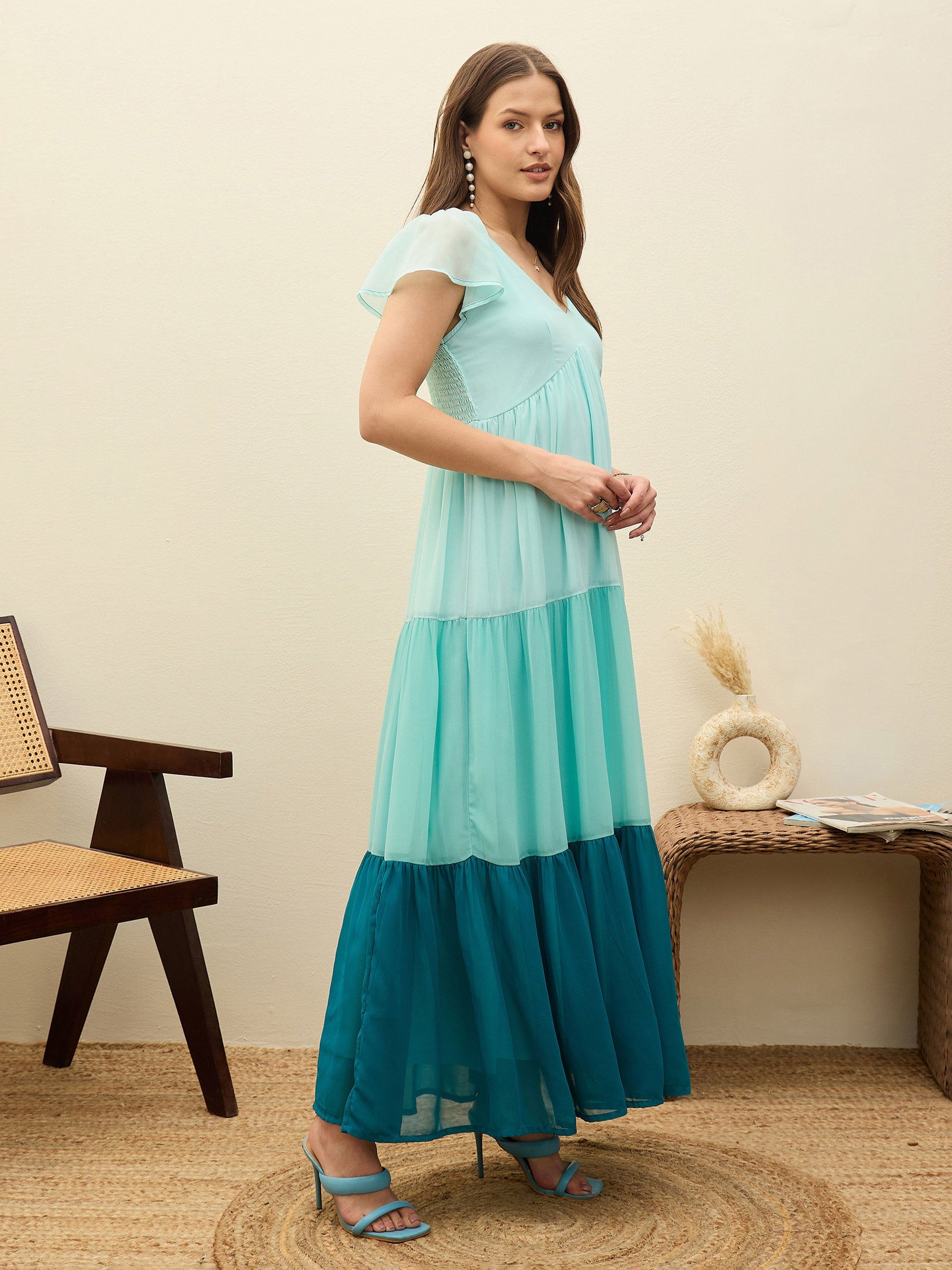 Blue Color Blocked Frill Sleeves Tiered Maxi Dress-SASSAFRAS