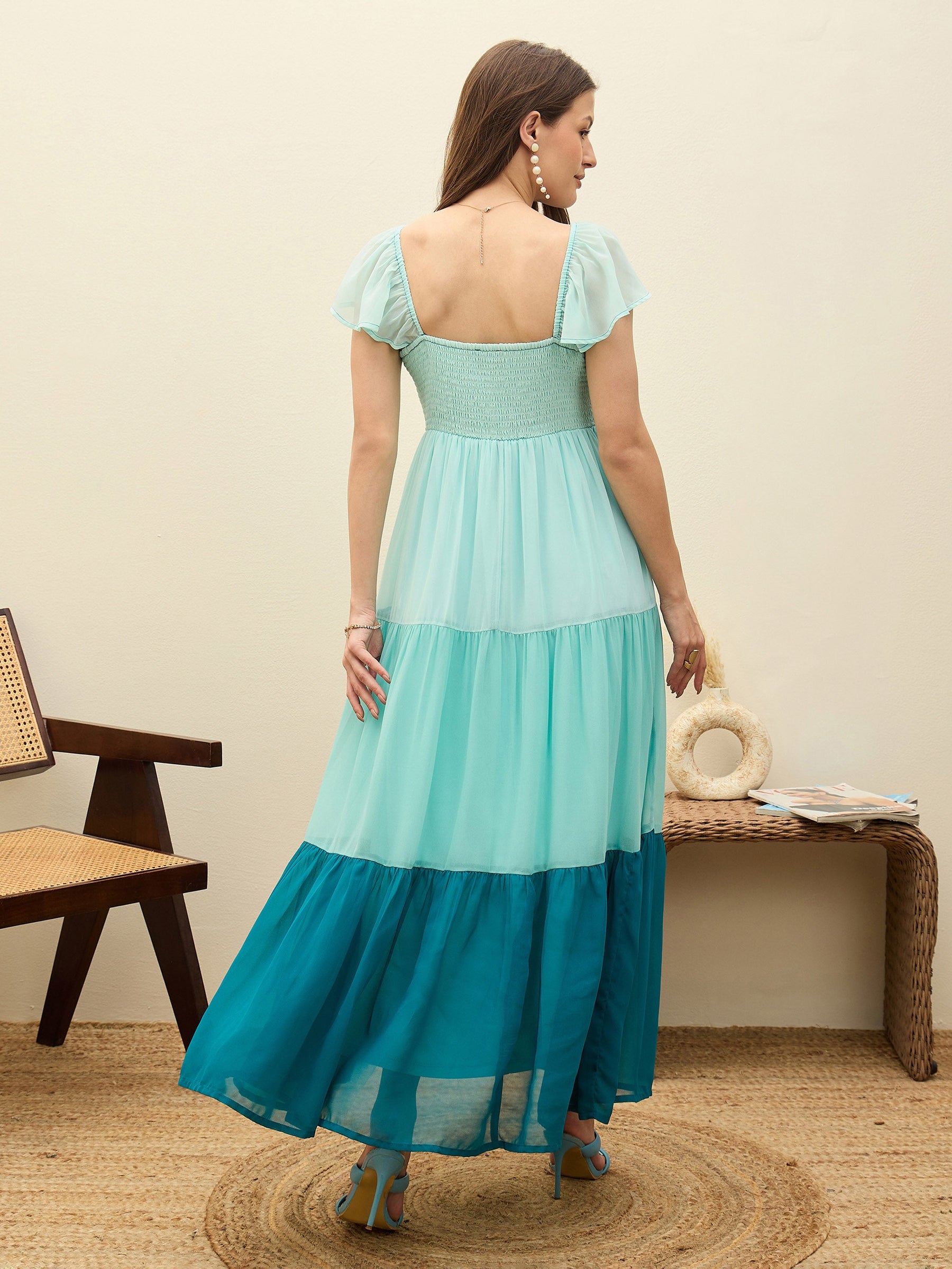Blue Color Blocked Frill Sleeves Tiered Maxi Dress-SASSAFRAS