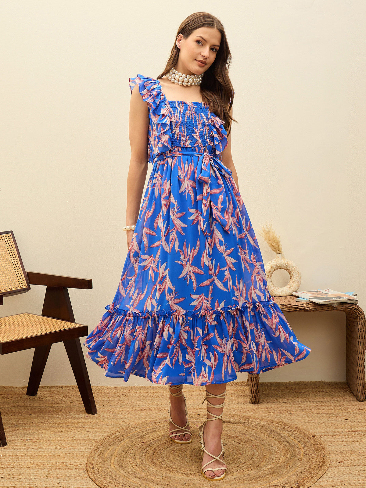 Blue Floral Smocked Frill Midi Dress-SASSAFRAS