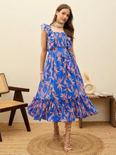 Blue Floral Smocked Frill Midi Dress-SASSAFRAS