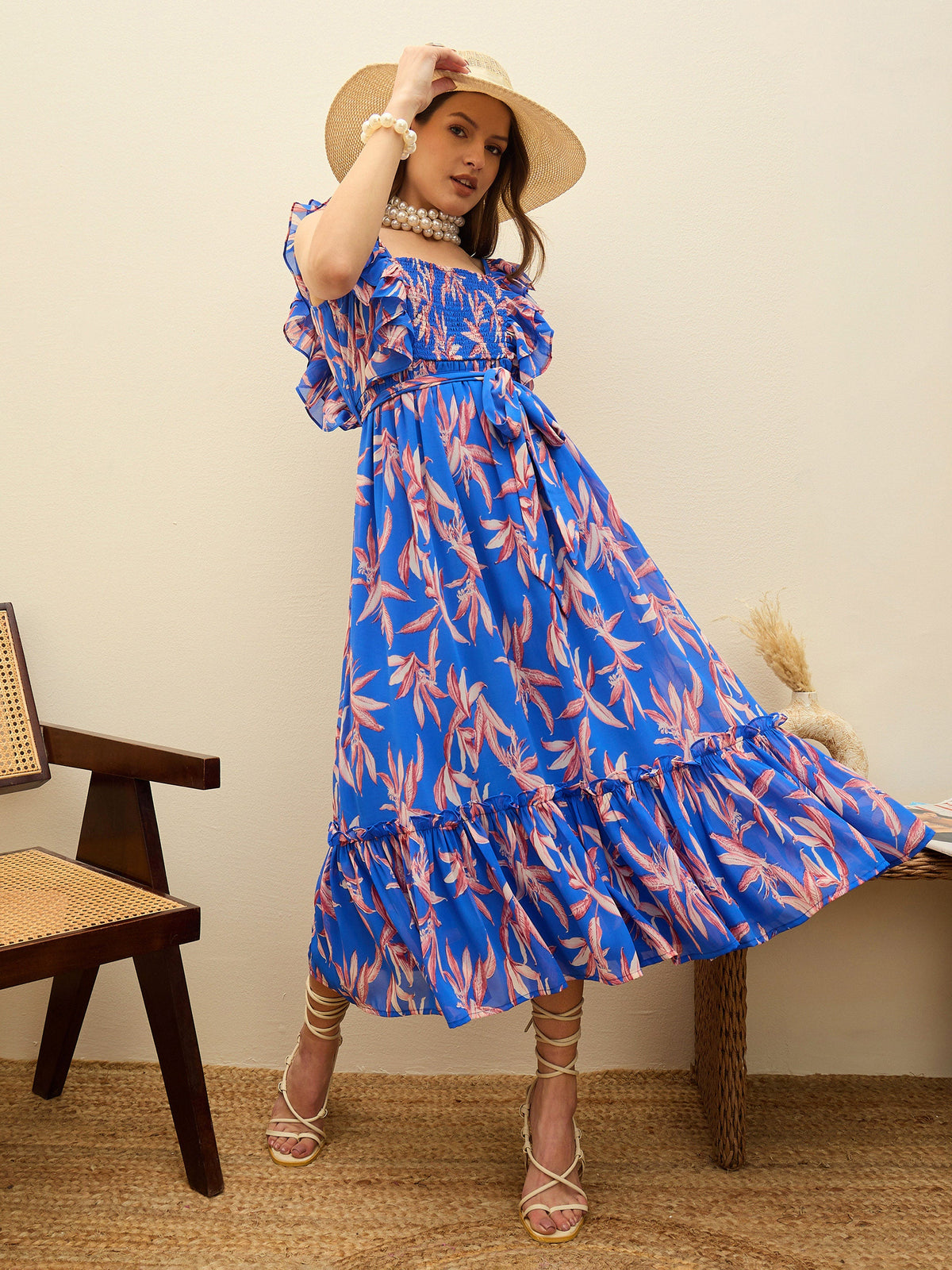 Blue Floral Smocked Frill Midi Dress-SASSAFRAS