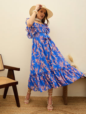 Blue Floral Smocked Frill Midi Dress-SASSAFRAS