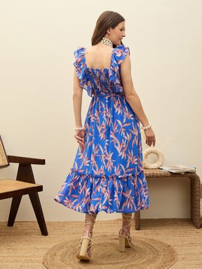 Blue Floral Smocked Frill Midi Dress-SASSAFRAS