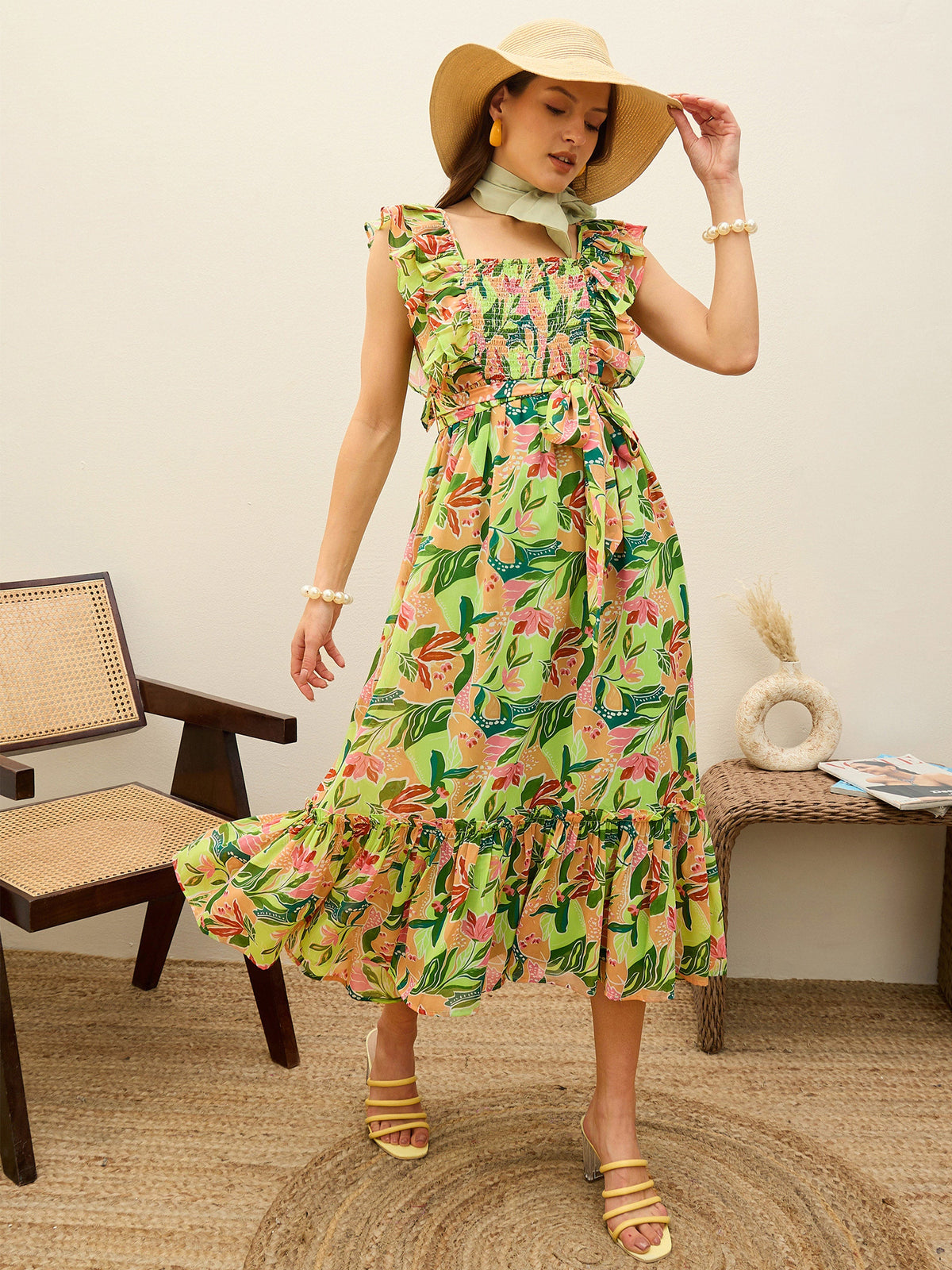Green Floral Smocked Frill Midi Dress-SASSAFRAS