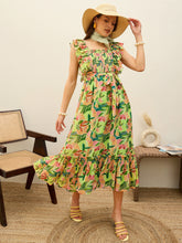 Green Floral Smocked Frill Midi Dress-SASSAFRAS