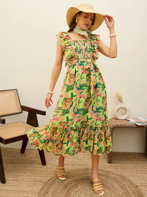Buy Women Green Floral Smocked Frill Midi Dress Online at Best Price - Sassafras Buy Women Green Floral Smocked Frill Midi Dress Online at Best Price - Sassafras