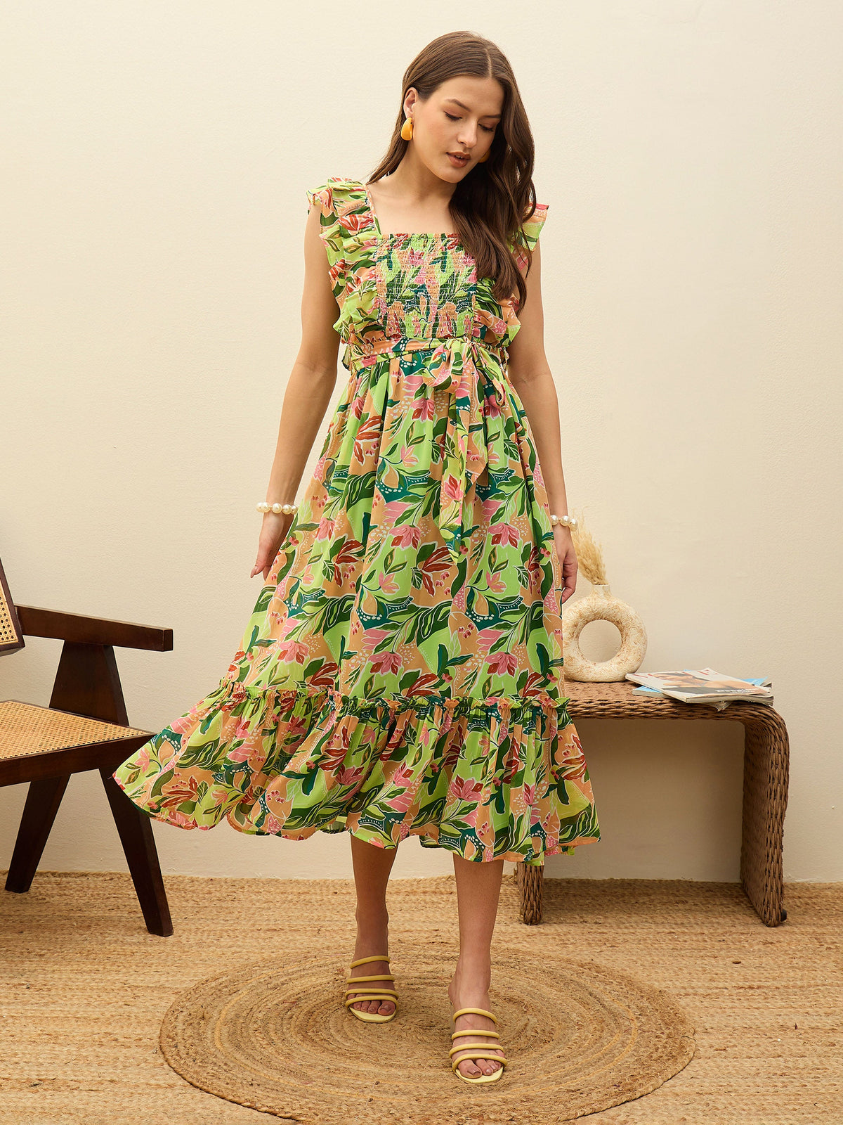 Green Floral Smocked Frill Midi Dress-SASSAFRAS
