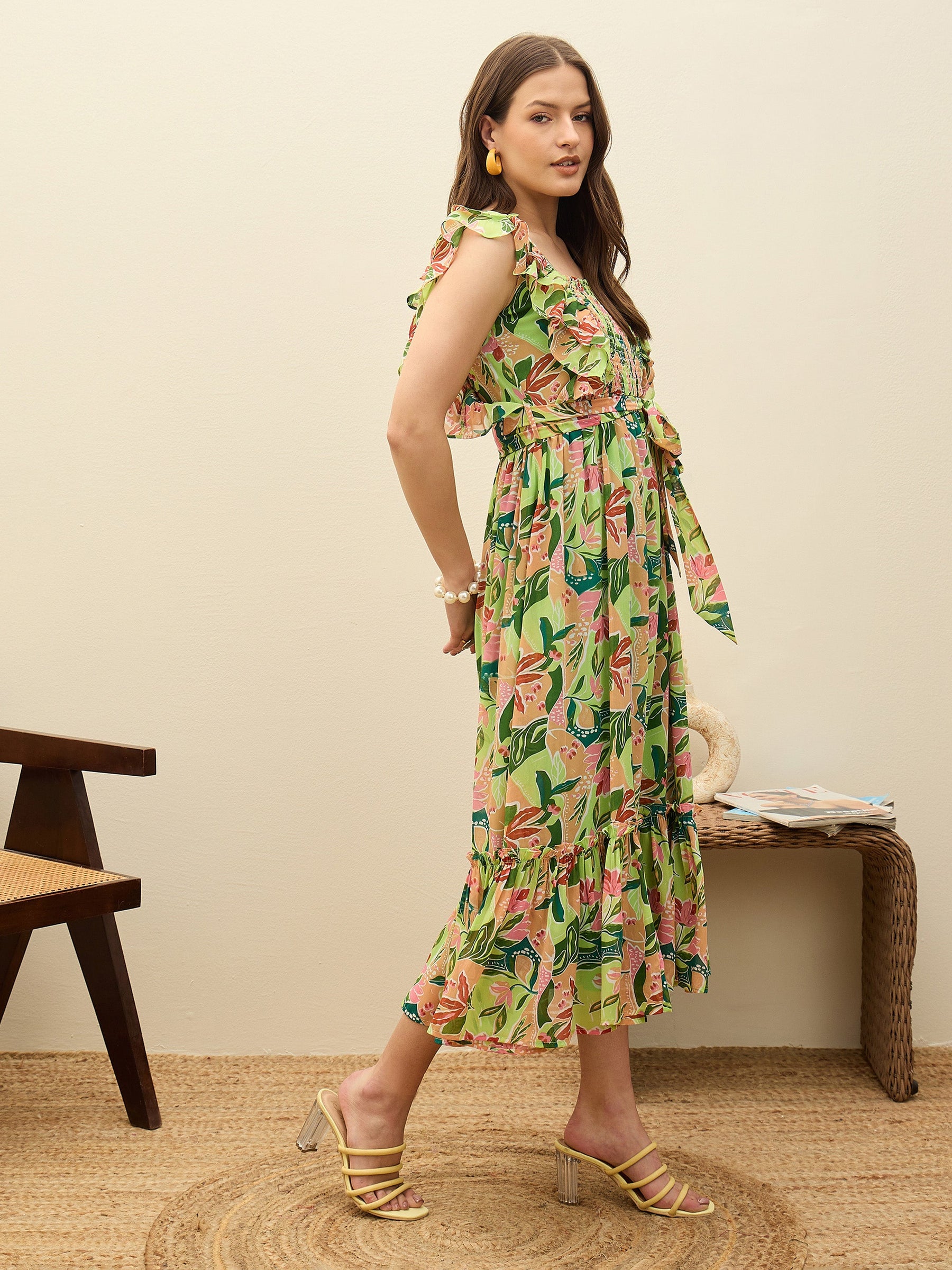 Women Green Floral Smocked Frill Midi Dress
